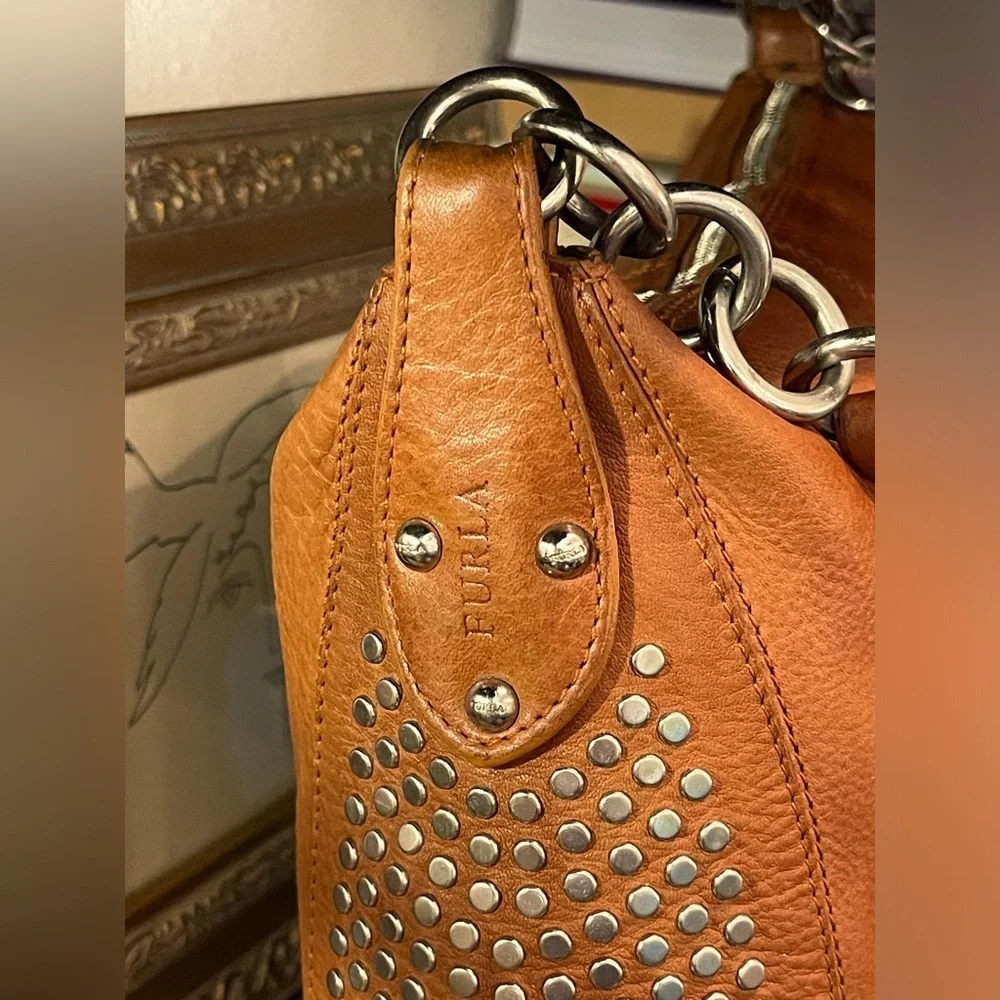 Furla Fantasia Camel Pebbled Leather Silver Tone Studded Shoulder Hobo 15”x 10”